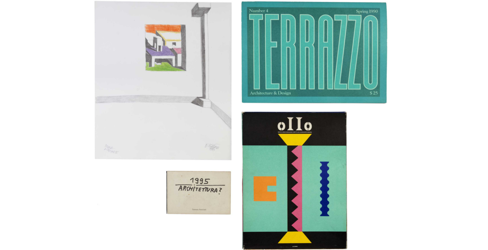 quattro illustrazioni a colori, litografia e libretto di Ettore Sottsass, Alchimia e Terrazzo